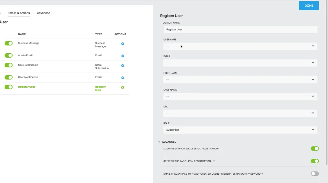 Mit dem Ninja Forms Add On Usermanagement kannst Du Websitebesucher Nutzerkonten erstellen lassen.
